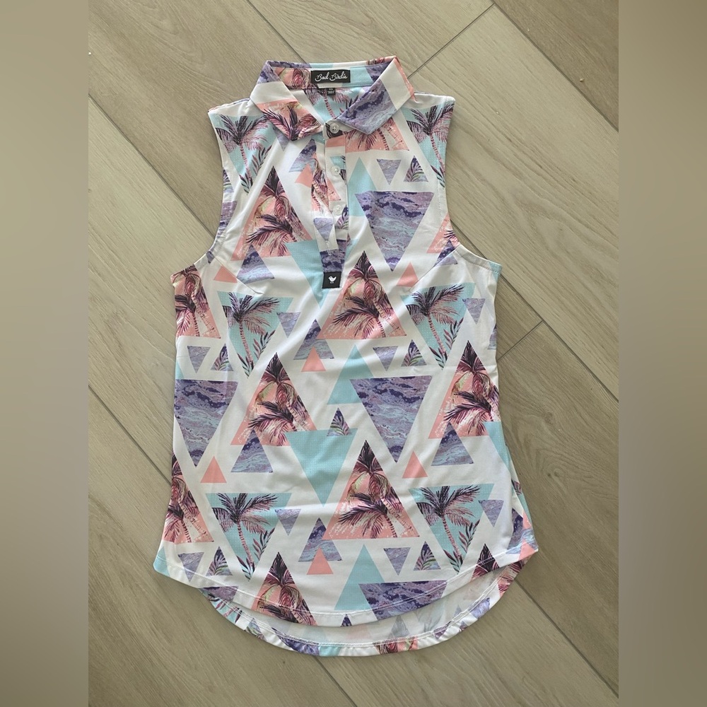 Bad Birdie Pastel Geometric Palm Print Sleeveless Polo